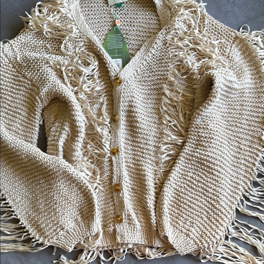 FARM Rio Cream Fringe Knit Cardigan